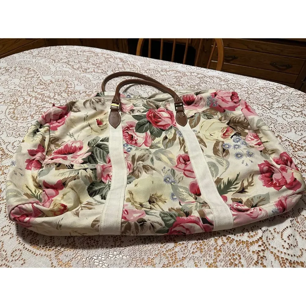 Vintage Floral Duffle Bag Canvas Rose Print Overnighter Weekend Travel Tote
